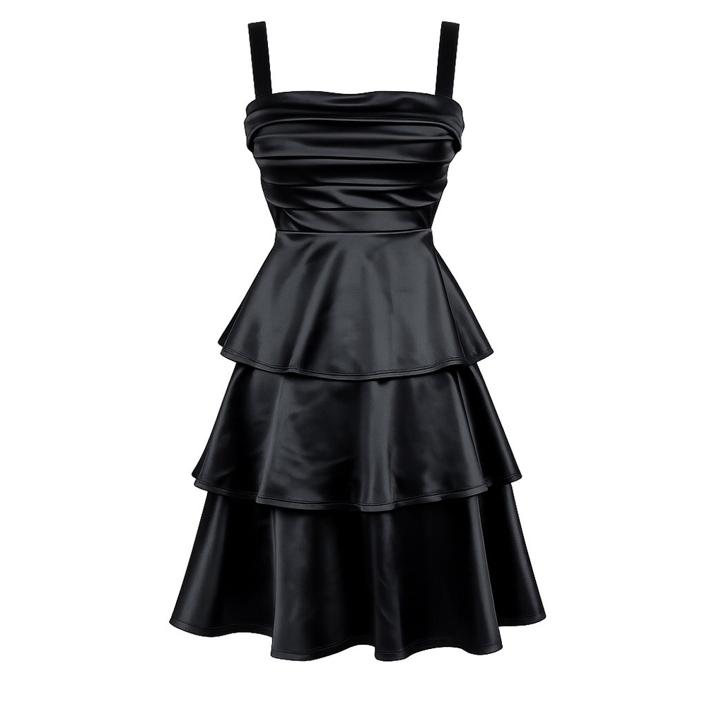 Honey and Rosie Tiered Dress M Satin Black Ruffle Cocktail Party Goth Glam - Picture 1 of 14